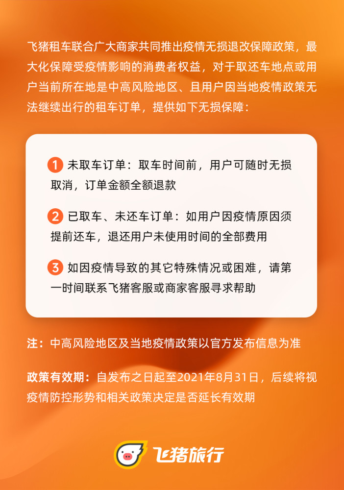 飞猪联合租车商家推出疫情无损退改政策