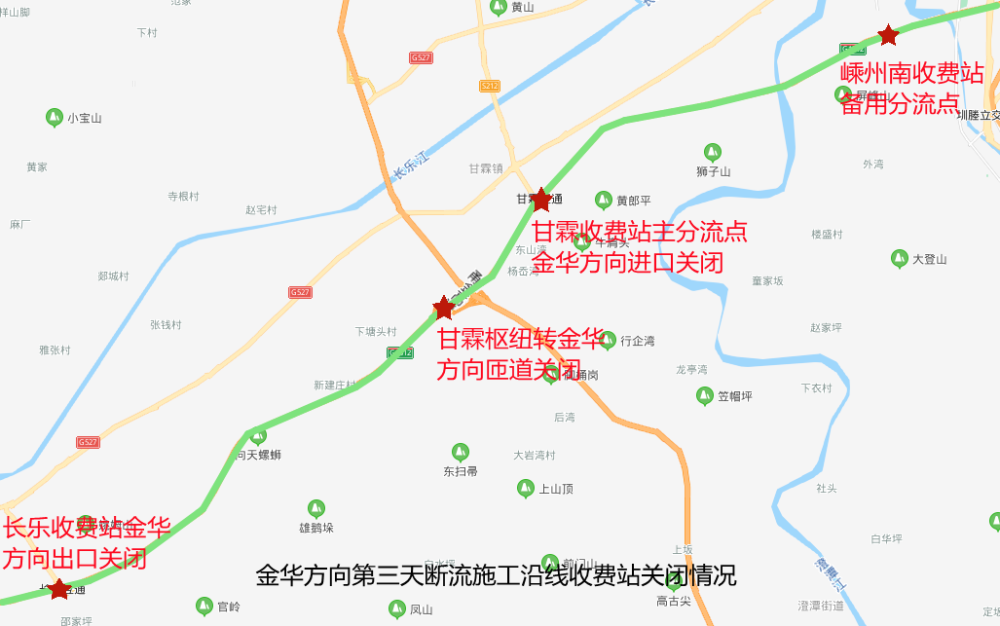 断流第二天,往金华方向货车可绕行527国道,212省道,从甘霖收费站重新