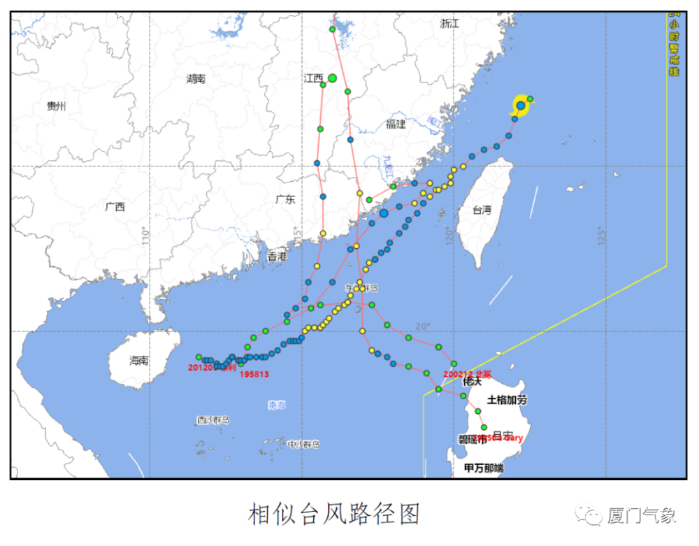 5813号,9504号"gary", 0212号"北冕"和1205号"泰利" 相似台风路径如下