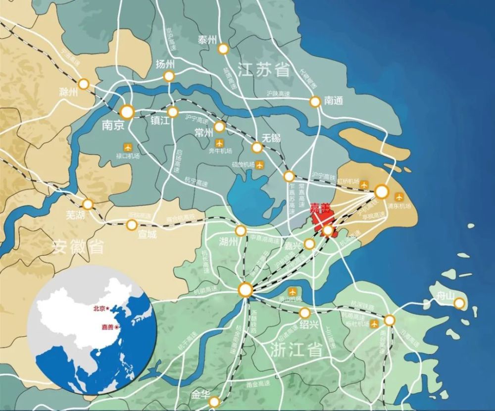 打开环沪城市区位图,可以清楚得看到,嘉善地处上海,杭州,苏州,宁波