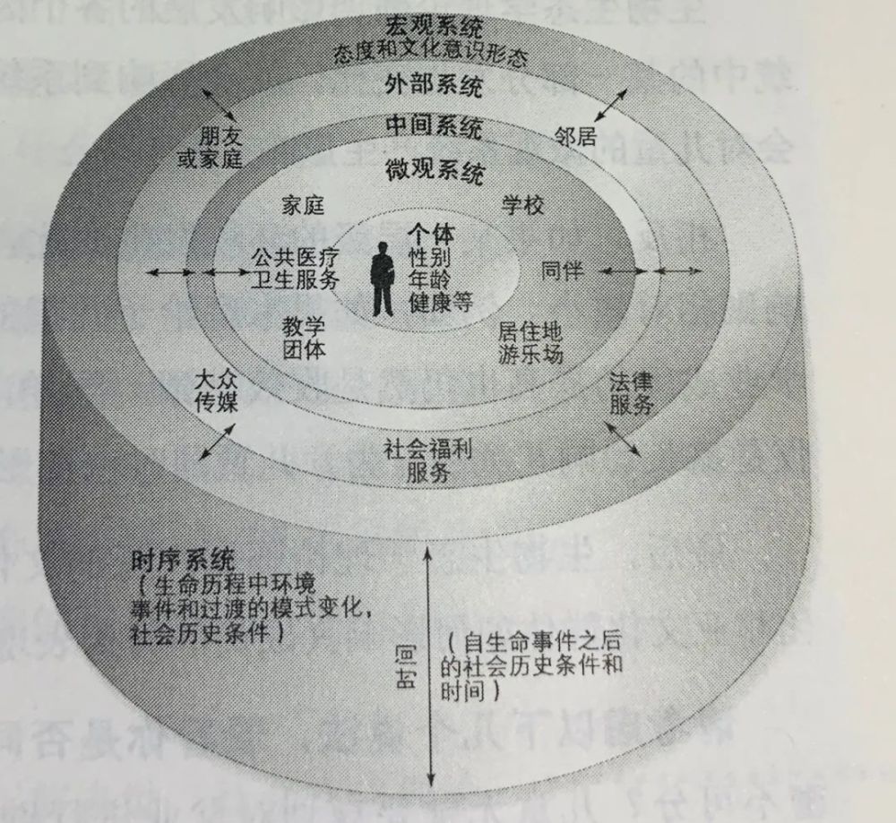 发展心理学中有一个重要的理论:美国心理学家布朗芬布伦纳的生态系统