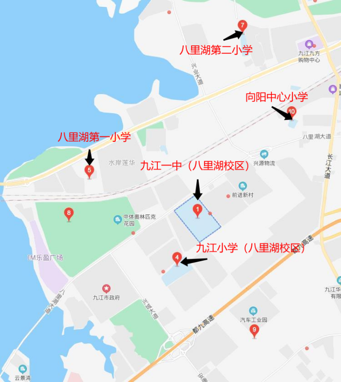 九江市区部分学区划分及学校位置分布图