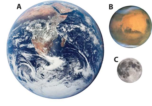 火星与地月对比图(a:地球;b:火星;c:月球,来自rossi et al., 2010)