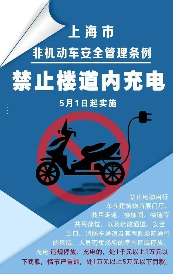 上海市非机动车安全管理条例》规定,禁止电动自行车在楼道充电等行为