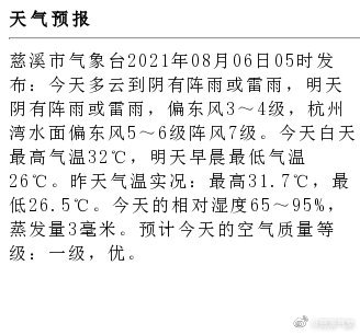 慈溪气象08月06日05时发布:天气预报
