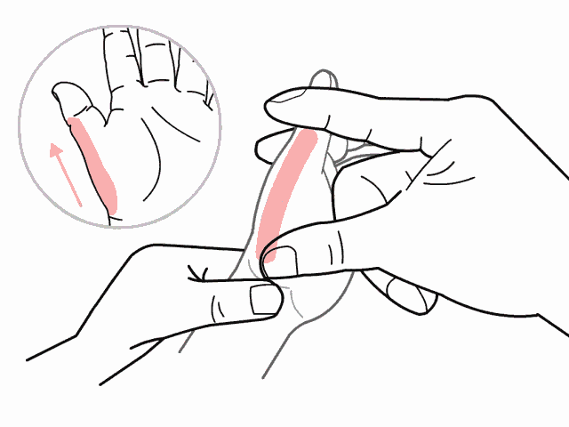 操作:用拇指或中指从掌根推至拇指根部,称为清胃经,反之为补,称补胃经