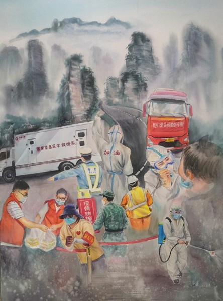 同心抗疫我在现场一青年居民创作水彩画为武陵源加油