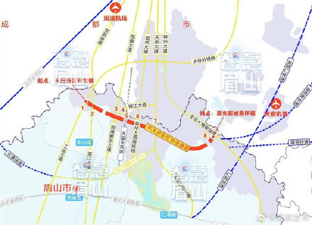 天眉乐高速(待建),剑南岷东大道,天府大道等8条成眉纵向高快速路网