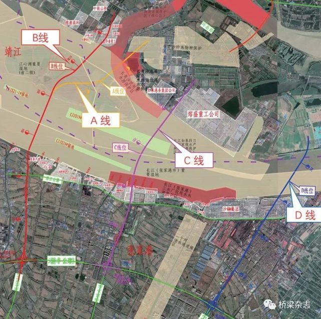 桥梁过江方案 路线自南向北依次跨越5个控制点: 长江南岸大堤;福姜沙