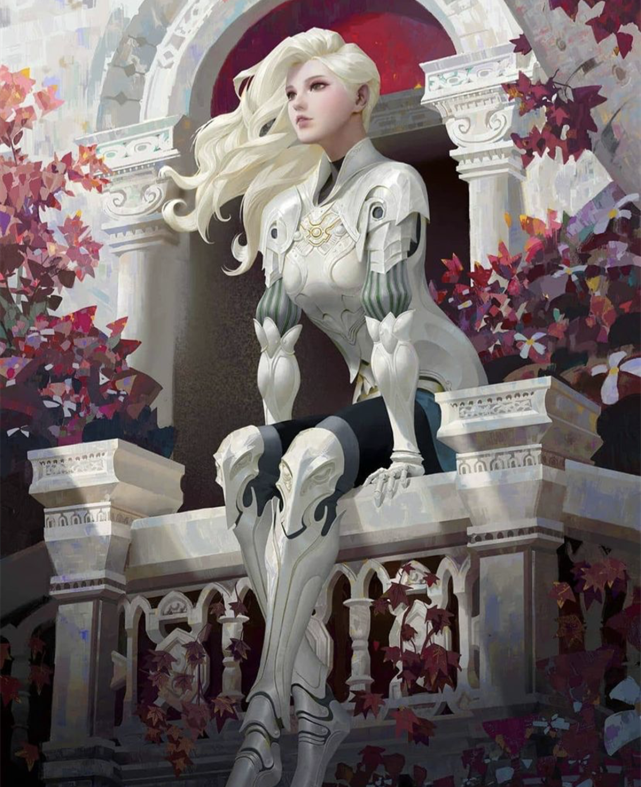 女骑士穿上纯白的盔甲,帅气的长发随风飘舞,成为二次元经典形象