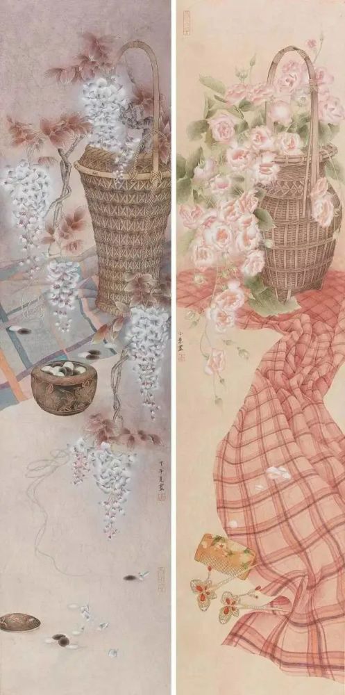 她的作品大概可以分为两种面貌,一是继承两宋院体双钩填色的工笔静物