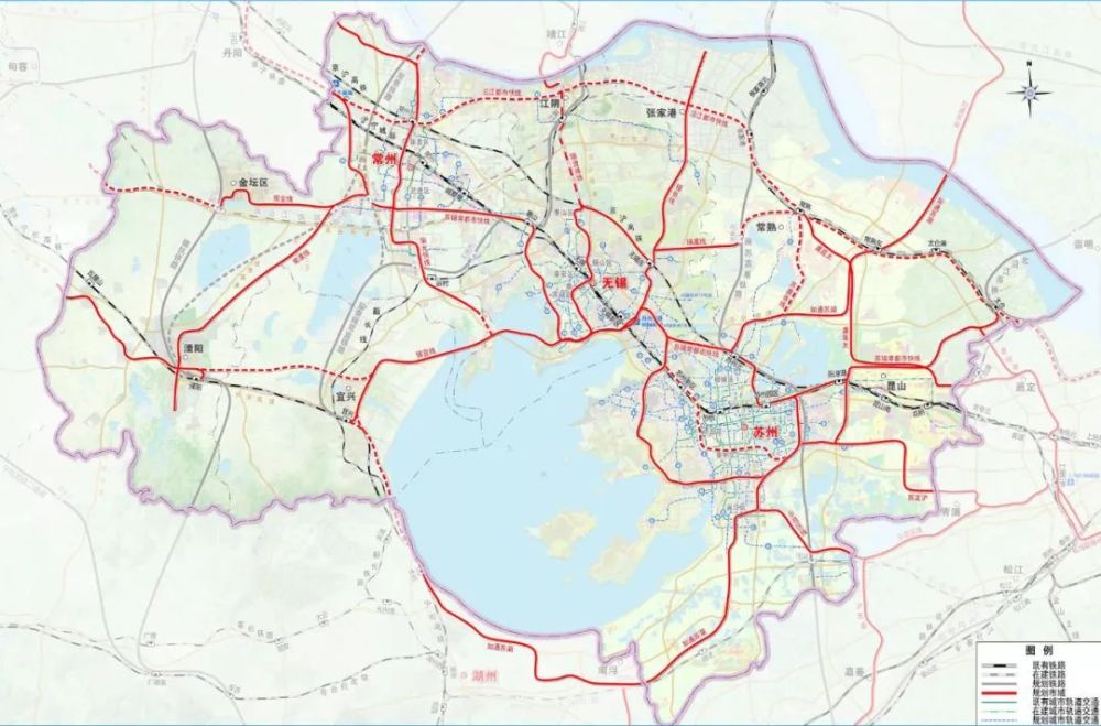 图中涉及无锡的轨道交通有: 苏锡常都市快线,盐泰锡常宜城际铁路,锡宜