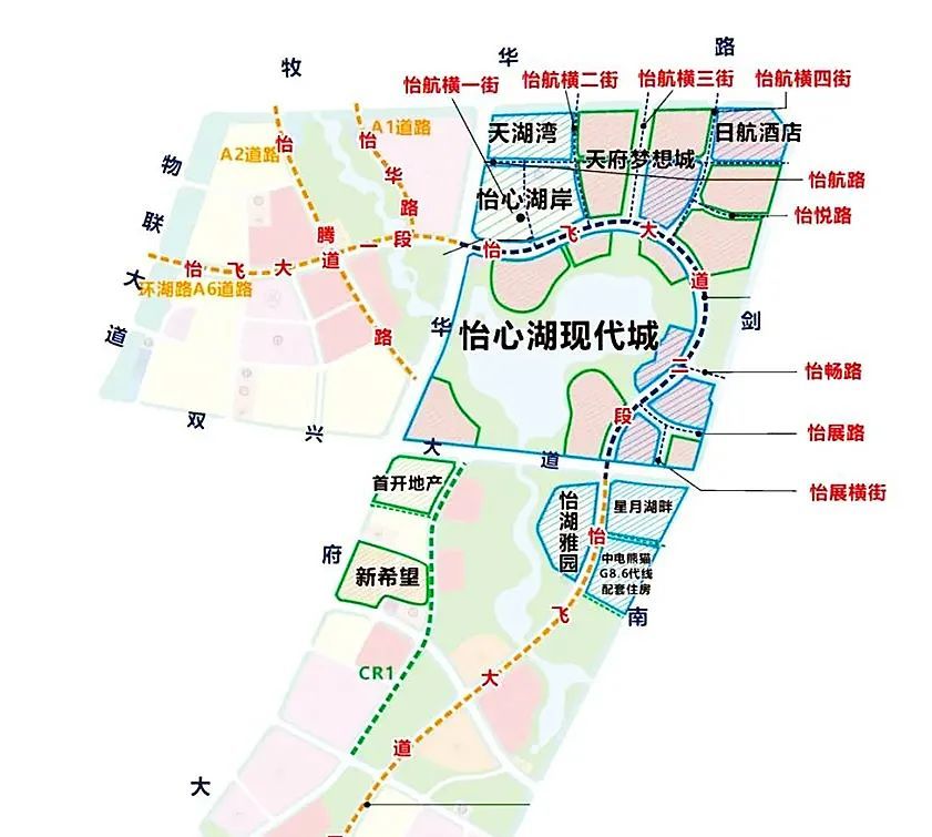 除湖区即将实景呈现外,天府怡心湖a区部分,b区所有道路获得正式命名