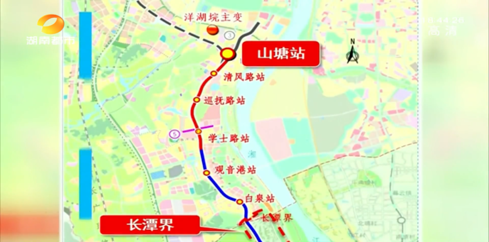 沪昆高铁湘潭北站,由南向北沿潭州大道敷设,止于长沙地铁3号线山塘站