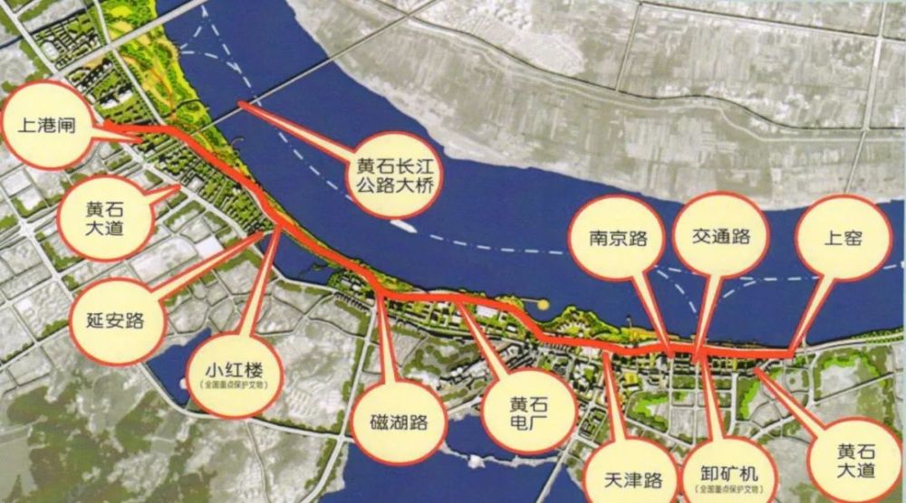 止于上窑( 西塞山住保局)附近 与现状黄石大道顺接 道路设计采用城市