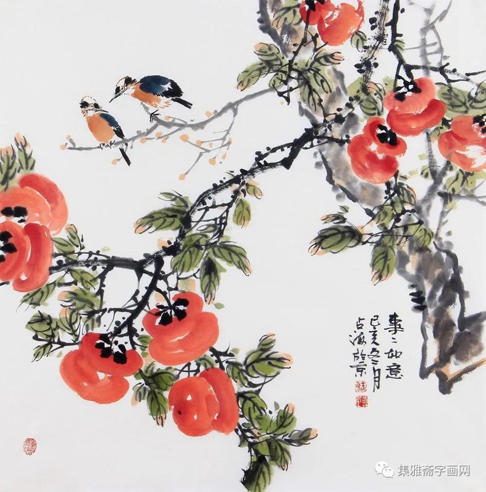 王占海柿子国画《事事如意》【作品来源:集雅斋】