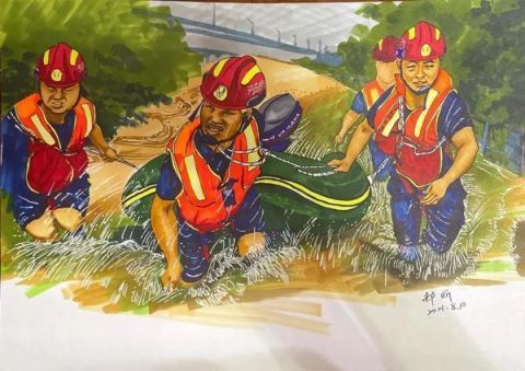 一组手绘漫画带你重温消防队员在河南抗洪救灾的瞬间