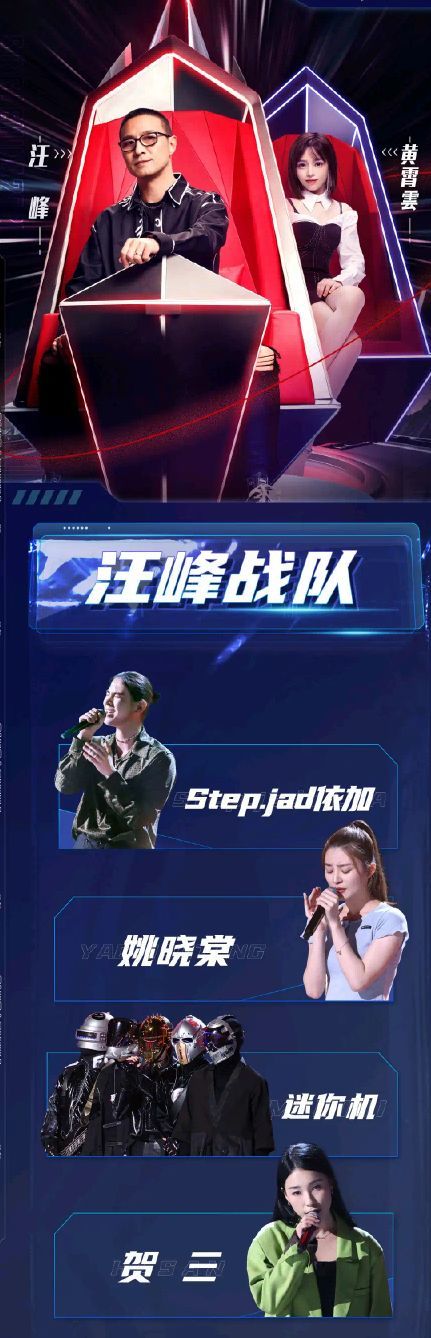 李炎欣,泽宙斯姬,陈文非;汪峰战队有四位学员,分别是:依加,姚晓棠