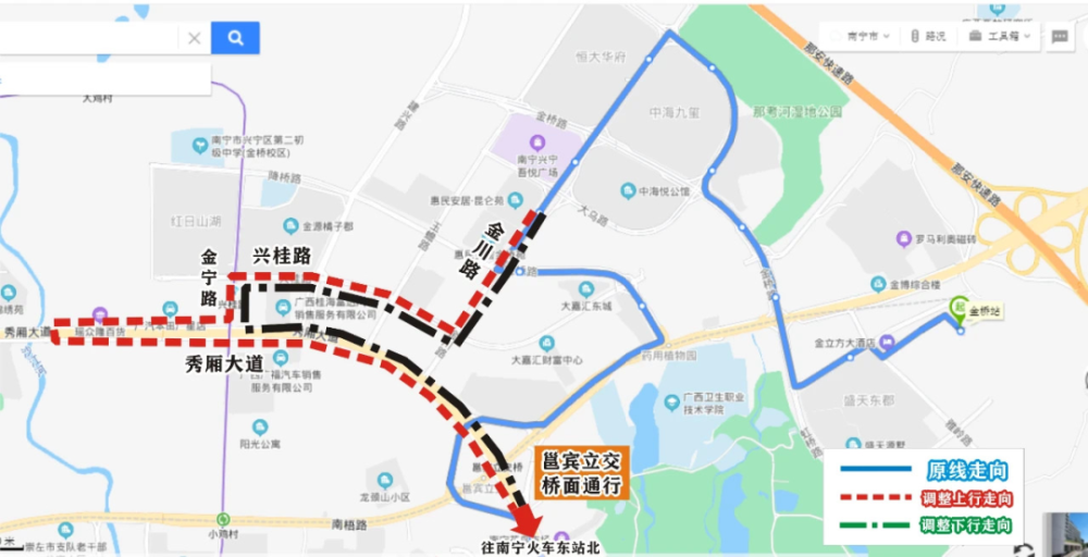 临时调整行驶金川路(降桥路至兴桂路,兴桂路,金宁路,秀厢大道,沙江