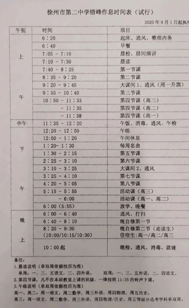 徐州往年6所高中高一作息表盘点,2021升高一可参考