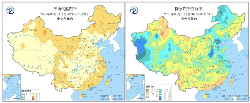 图为2021年3-7月平均气温距平和降水距平百分率.