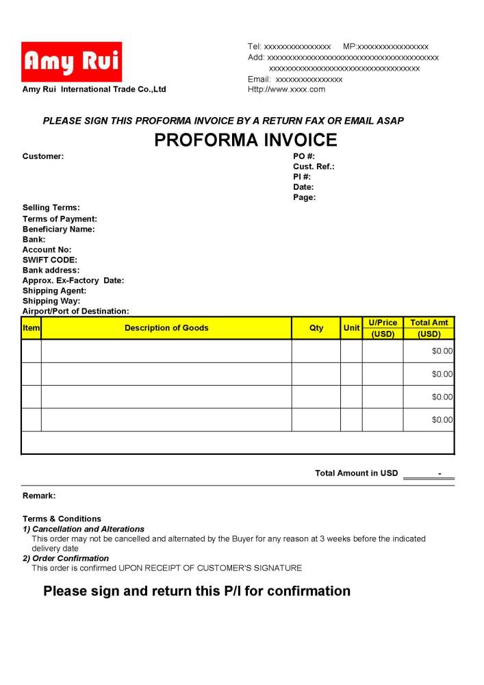 外贸出口单据之:pi(proforma invoice)形式发票的模板