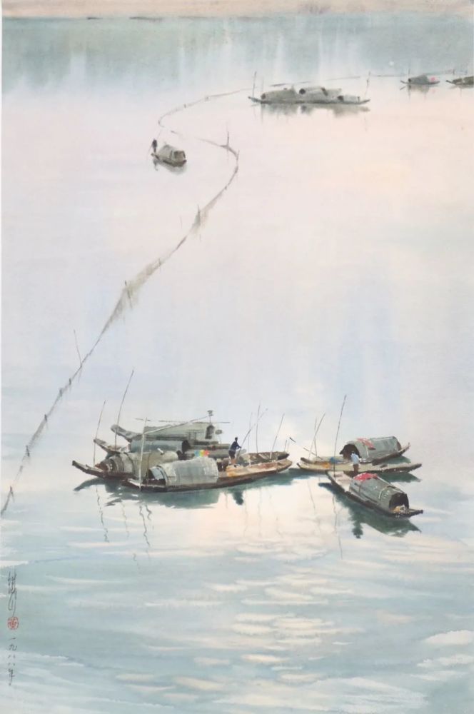 黄铁山《湖上渔舟》,水彩画,1988年