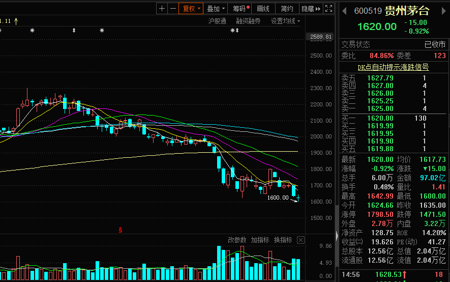 大消费"代言人"贵州茅台更是创下阶段新低,险守1600元,短期呈现空头