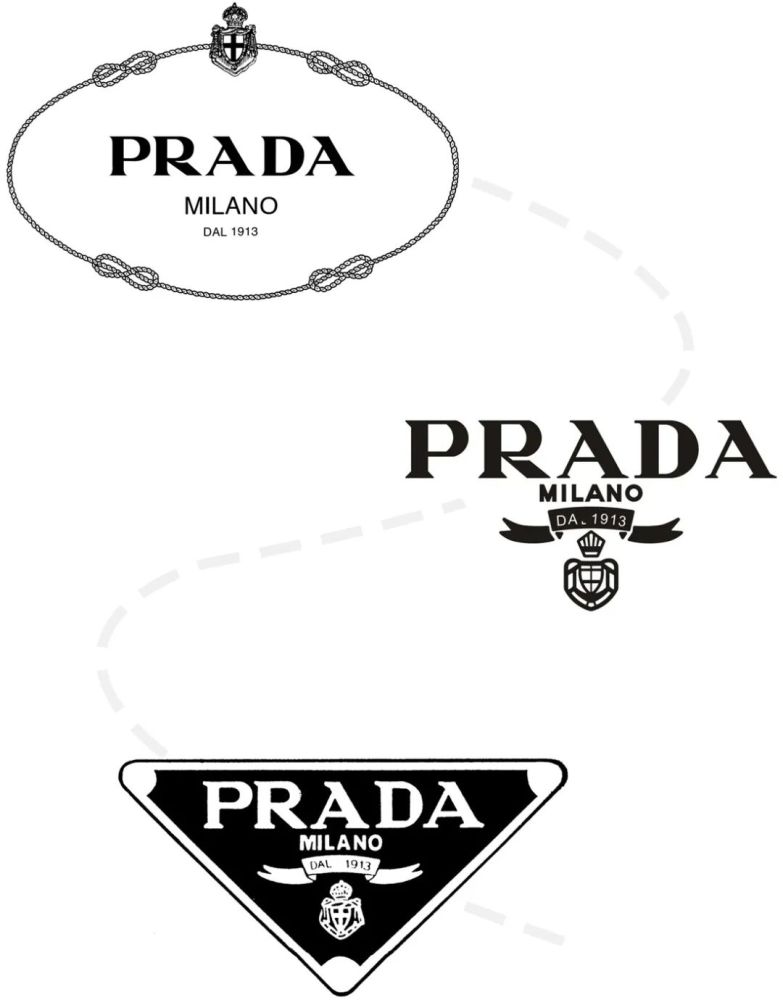 之后prada标志经过了许多次变化,越来越趋于简洁化,也衍生出了不同