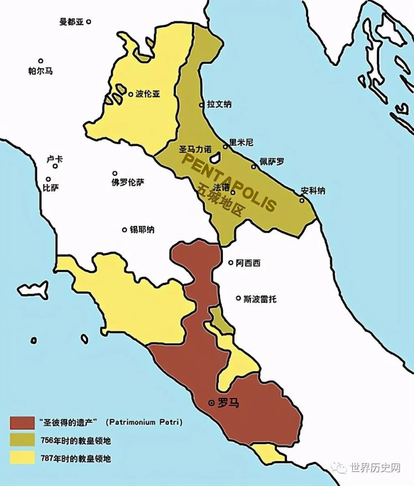 丕平献的土地主要包括拉文纳的原拜占庭总督辖区,贝内文托公国的一