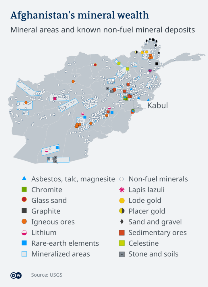 阿富汗的矿产资源分布示意图.图源:dw