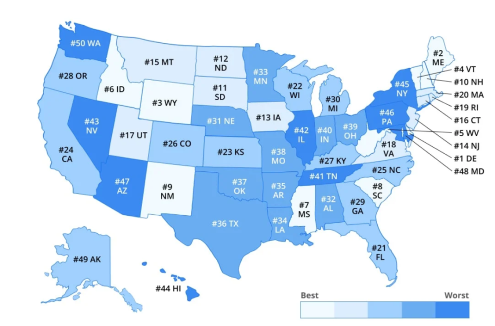 com通过综合分析fbi的各种犯罪数据而制作的美国各州安全程度排名地图