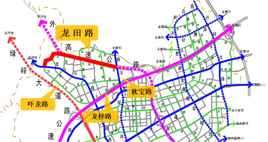 龙兴路b段(坪地至坑梓连接道路南段)于2021年6月20日正式