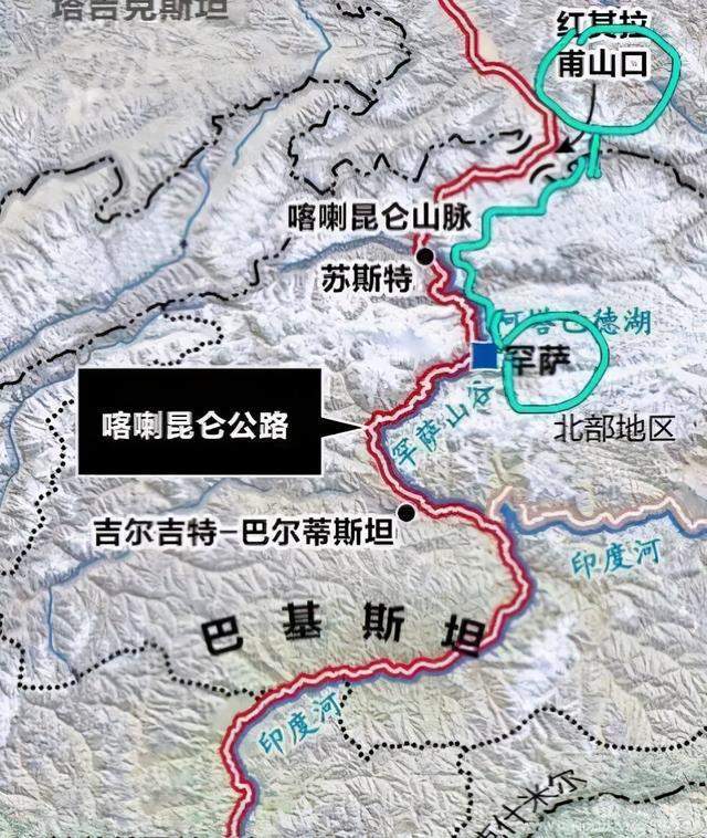 北起中国新疆喀什,经过中巴边境口岸红其拉甫山口,南到巴基斯坦北部