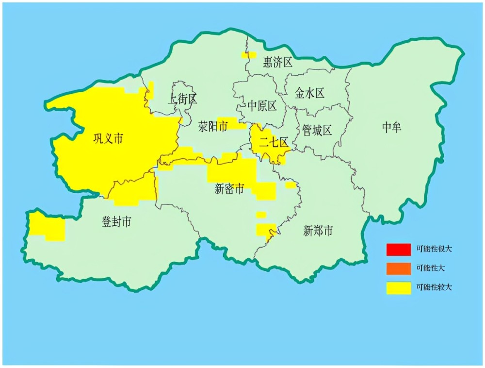 达到黄色预警的地区为:二七区大部,登封北部,新密,荥阳周边,惠济区
