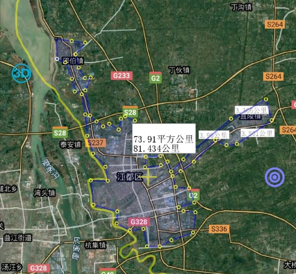 扬州市1县2市3区,建成区面积排名,最大是邗江区,最小是高邮市