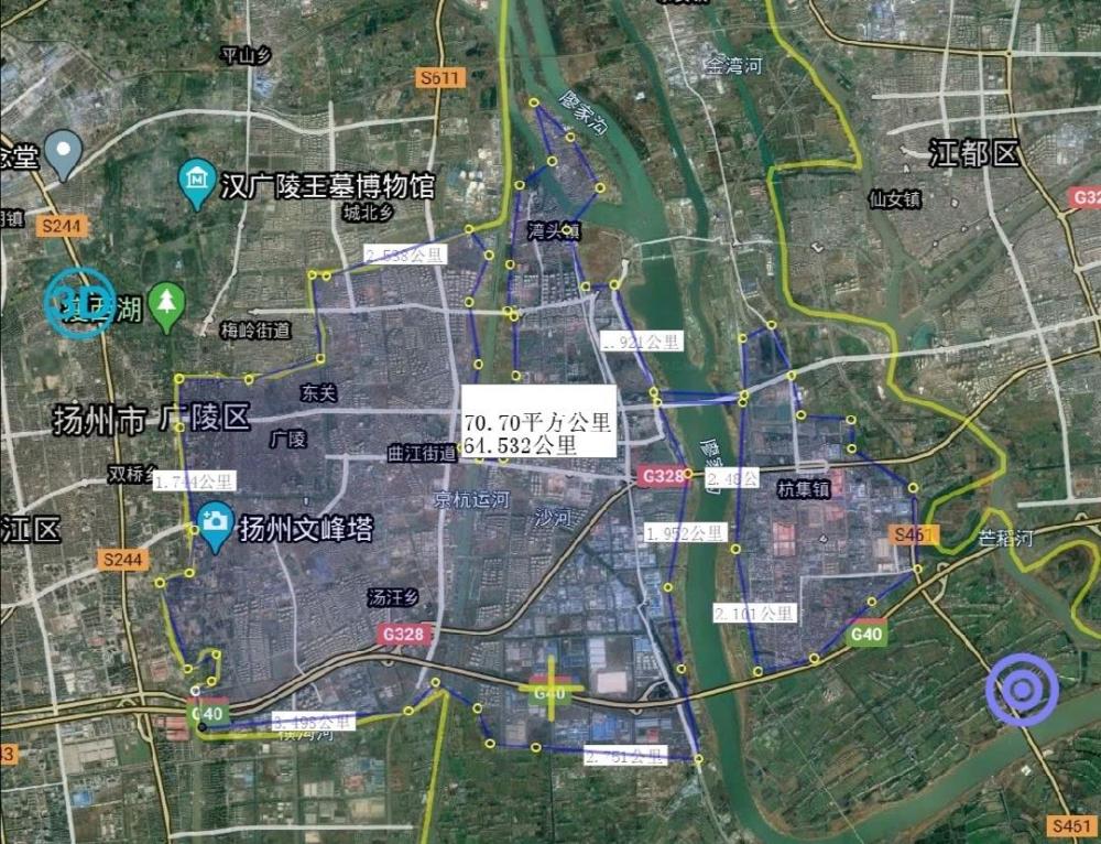 扬州市1县2市3区,建成区面积排名,最大是邗江区,最小是高邮市