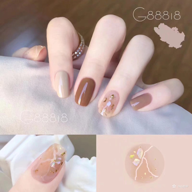 奶咖棕跳色晕染金箔贝壳美甲