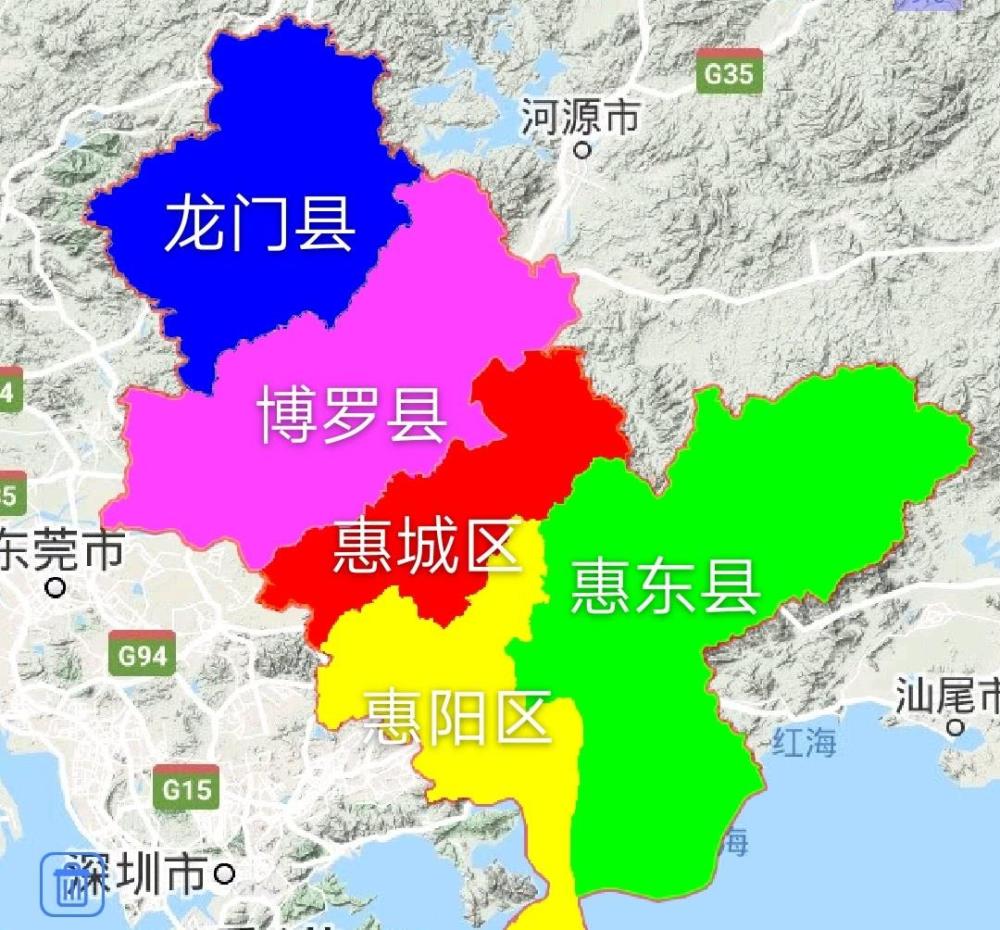 惠州市2区3县,建成区面积排名,最大是惠阳区,最小是龙门县