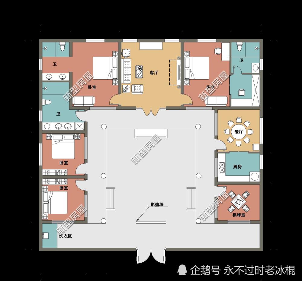 第1套:舒适套间 宽敞庭院 棋牌室,17×16米一层中式三合院,主体预算30