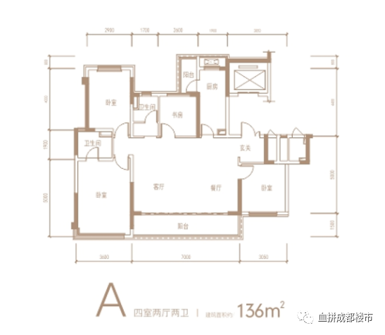 a户型4室2厅2卫  建面约136㎡开间7米大横厅 景观阳台,3面朝南采光