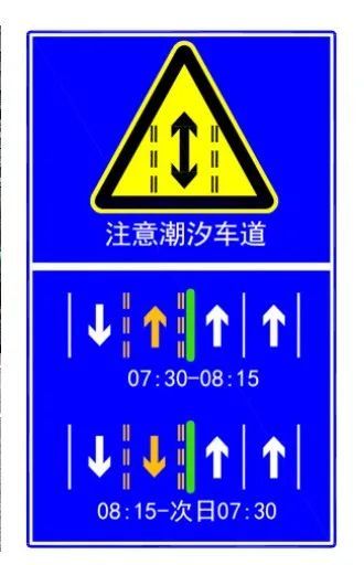 左转车辆可在上游潮汐车道起点处,根据交通标志牌和地面标线的指引