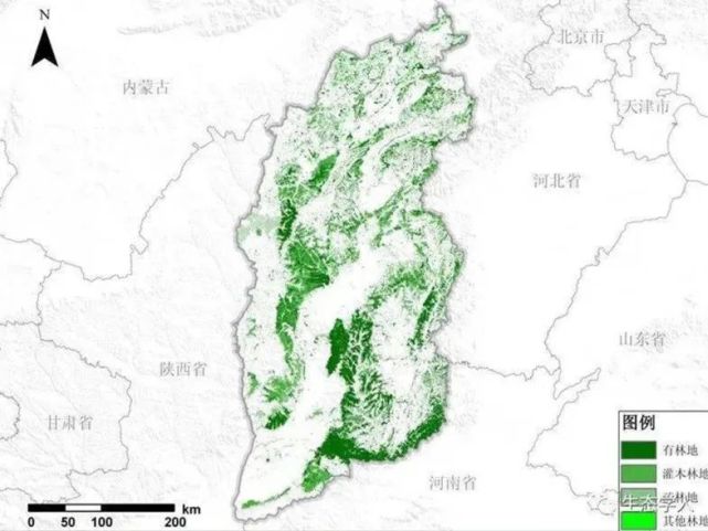 这是山西的植被分布情况,据林业部门统计,到2020年左右,山西森林覆盖