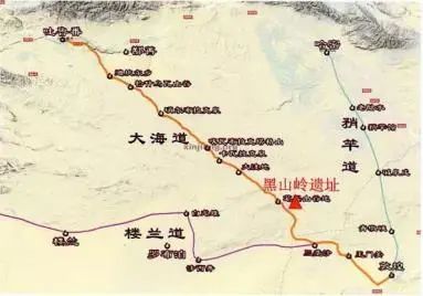 图六 丝绸之路"大海道"与黑山岭遗址的位置关系示意图
