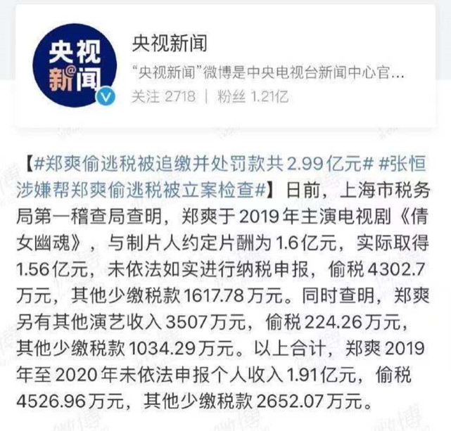 郑爽偷税漏税被罚款2.99亿元,其前男友张恒因提供帮助也被立案