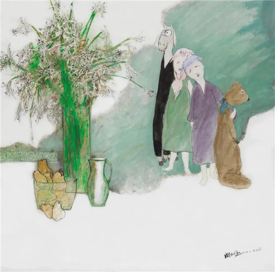 姚大武《瓶花与玩偶 200cm x 200cm 纸本设色 2019年