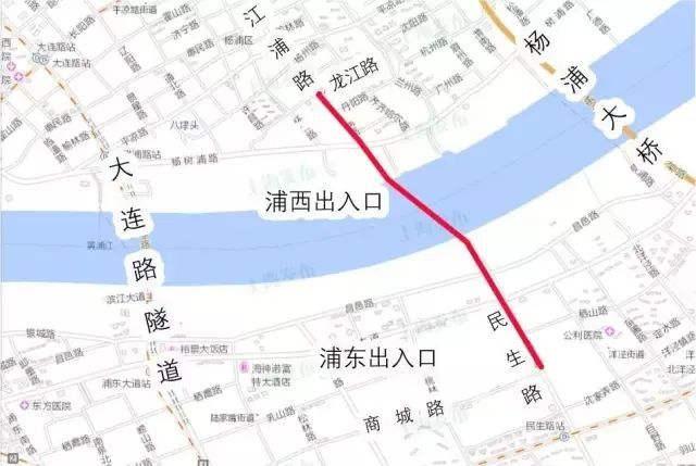 龙江路路口,向南下穿福宁路,杨树浦路,黄浦江,滨江路,昌邑路,浦东大道