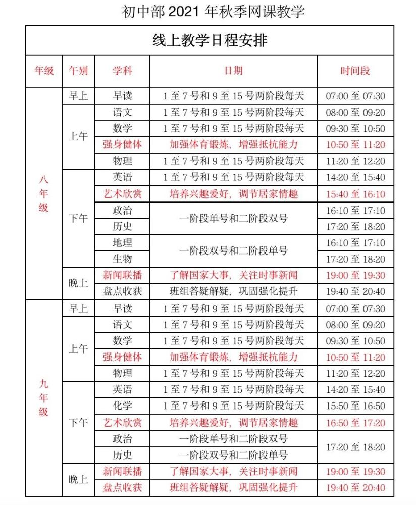 居家防疫守健康,线上教学再启航(附初中部线上学习时间安排表)