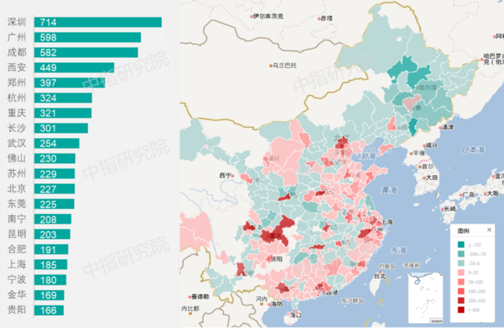 2010-2020年全国常住人口增量分布图(万人)