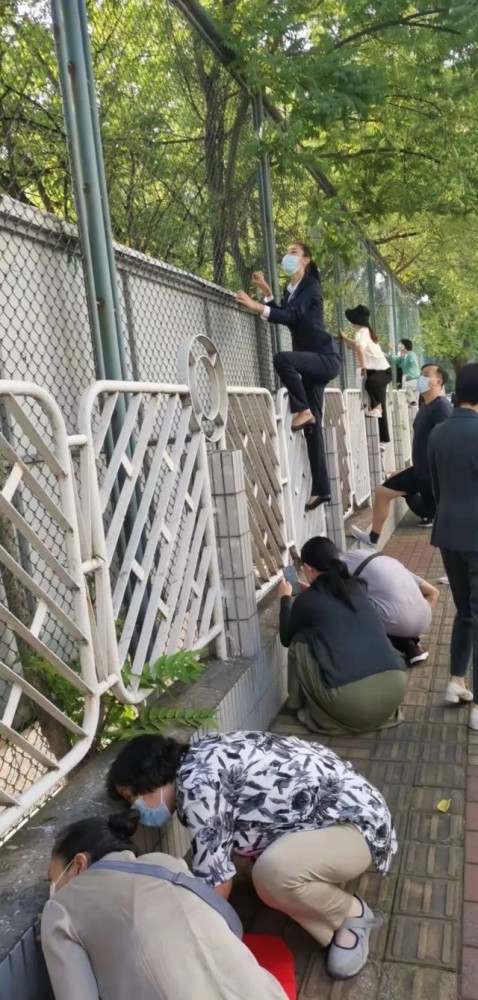 朋友圈流传图片 成都一小学开学 家长把孩子送进校园后 纷纷贴墙"暗中